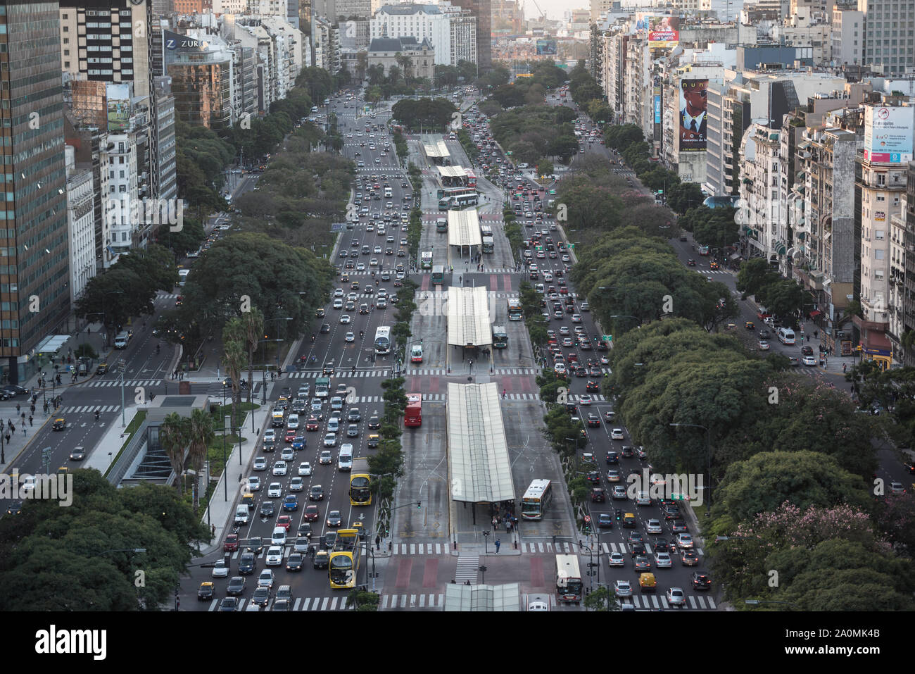 Buenos Aires, Argentina - May 4 2015: Rush hour, metrobus and traffic on the sreets of Buenos Aires city. This photo shows the 9 de Julio Avenue. Stock Photo