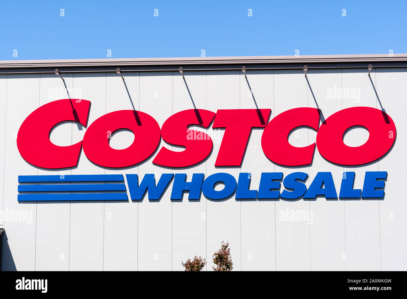 Sep 19, 2019 San Jose / CA / USA - Costco logo at the store in south San Francisco bay area; Costco is an American multinational corporation which ope Stock Photo