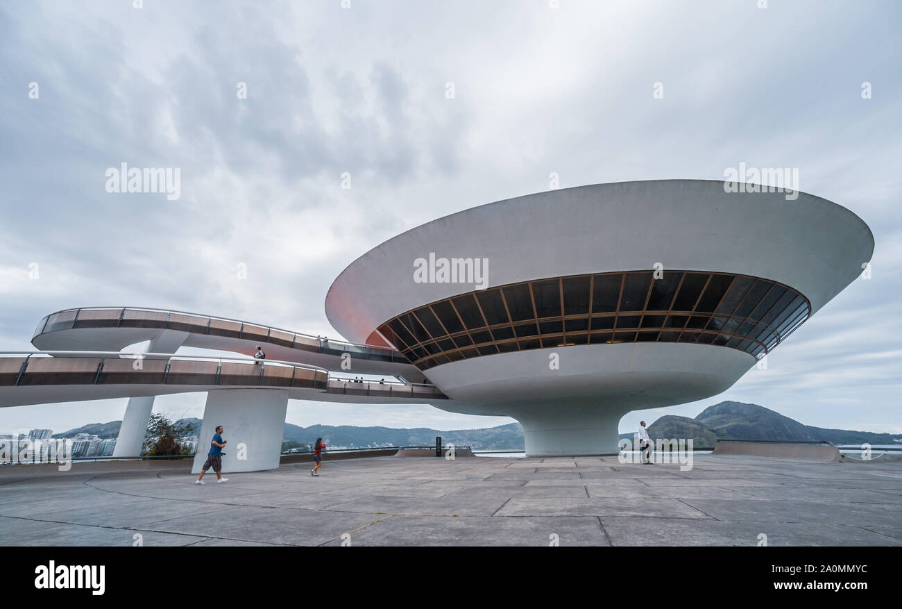 Rio de Janeiro, Brazil - August 17 2013: Exterior view of Contemporary art museum by Oscar Niemeyer in Niteroi Stock Photo