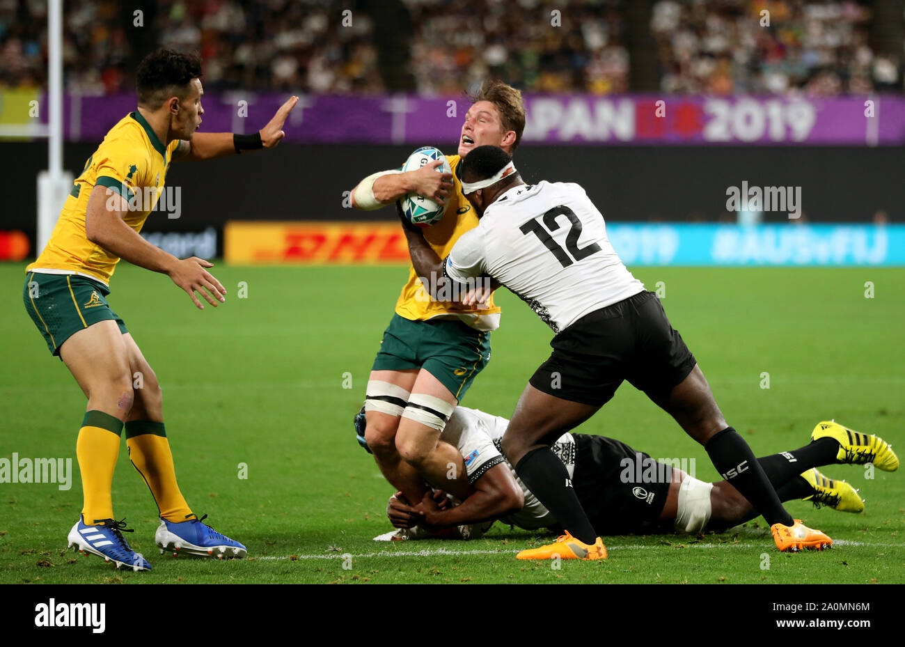 Fiji's Levani Botia (right) tackles Australia's Michael Hooper resulting in a yellow card during the 2019 Rugby World Cup Pool D match at Sapporo Dome. Stock Photo