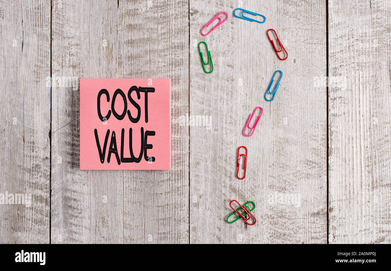 Writing note showing Cost Value. Business concept for The amount that usualy paid for a item you buy or hiring a demonstrating Pastel colour note pape Stock Photo