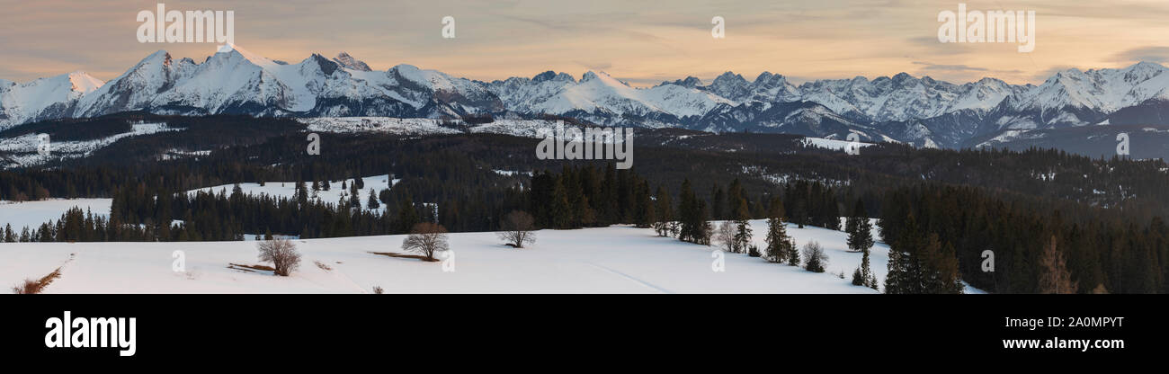 View from Lapszanka on sunset above tatra moutains in winter scenery. Stock Photo