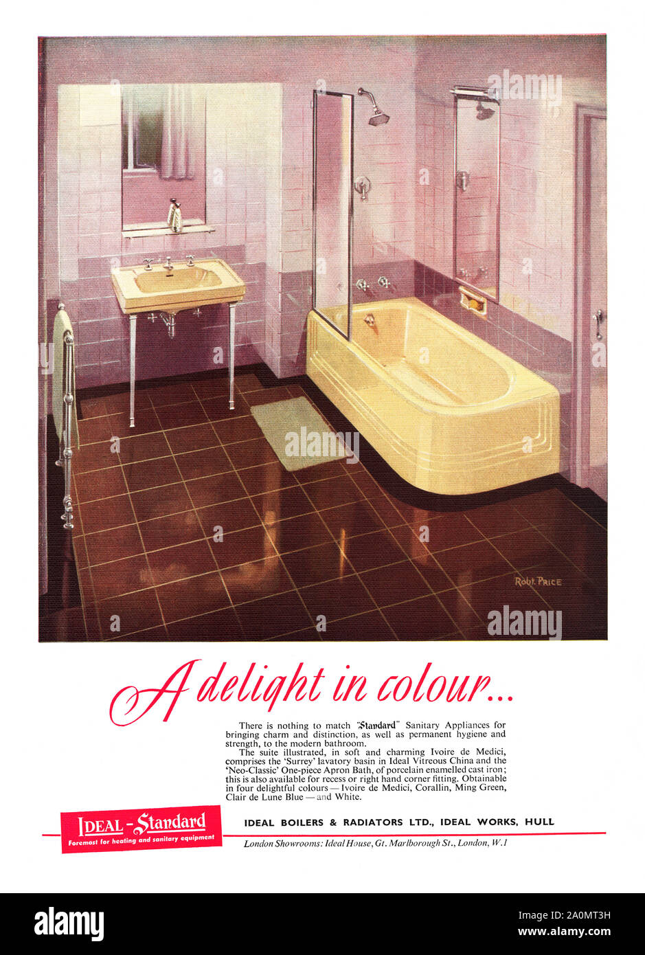 Advert for an Ideal Standard coloured bathroom suite, 1951. The illustration shows a fully-tiled bathroom, a bath with a shower over and a basin - both in a soft yellow colour and with Art Deco styling and from the Ideal Works in Hull, East Yorkshire. Stock Photo