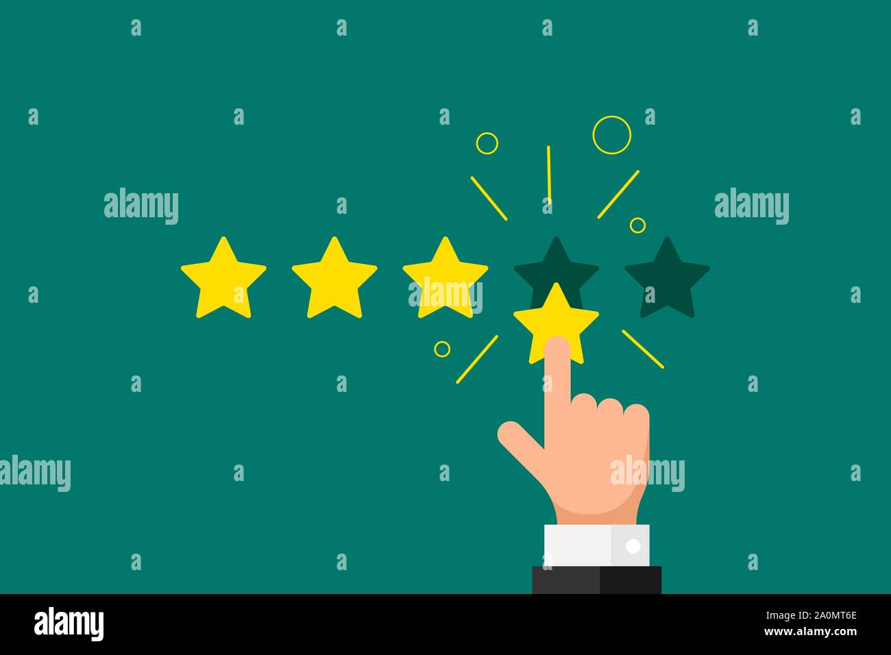 Online feedback reputation good quality customer review concept flat style. Businessman hand finger pointing 4 four gold star rating on green background. Vector rank result illustration Stock Vector