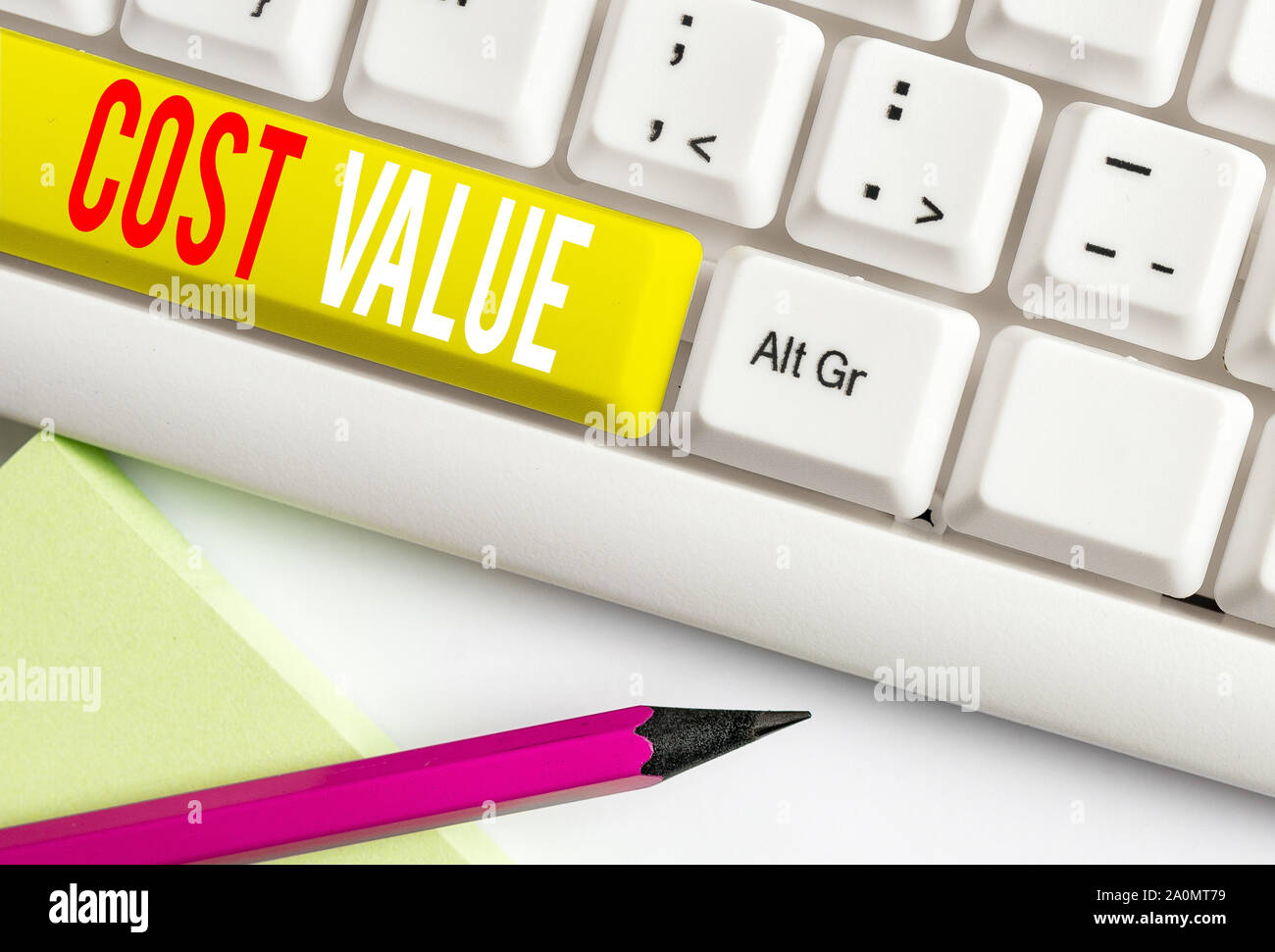 Handwriting text writing Cost Value. Conceptual photo The amount that usualy paid for a item you buy or hiring a demonstrating White pc keyboard with Stock Photo