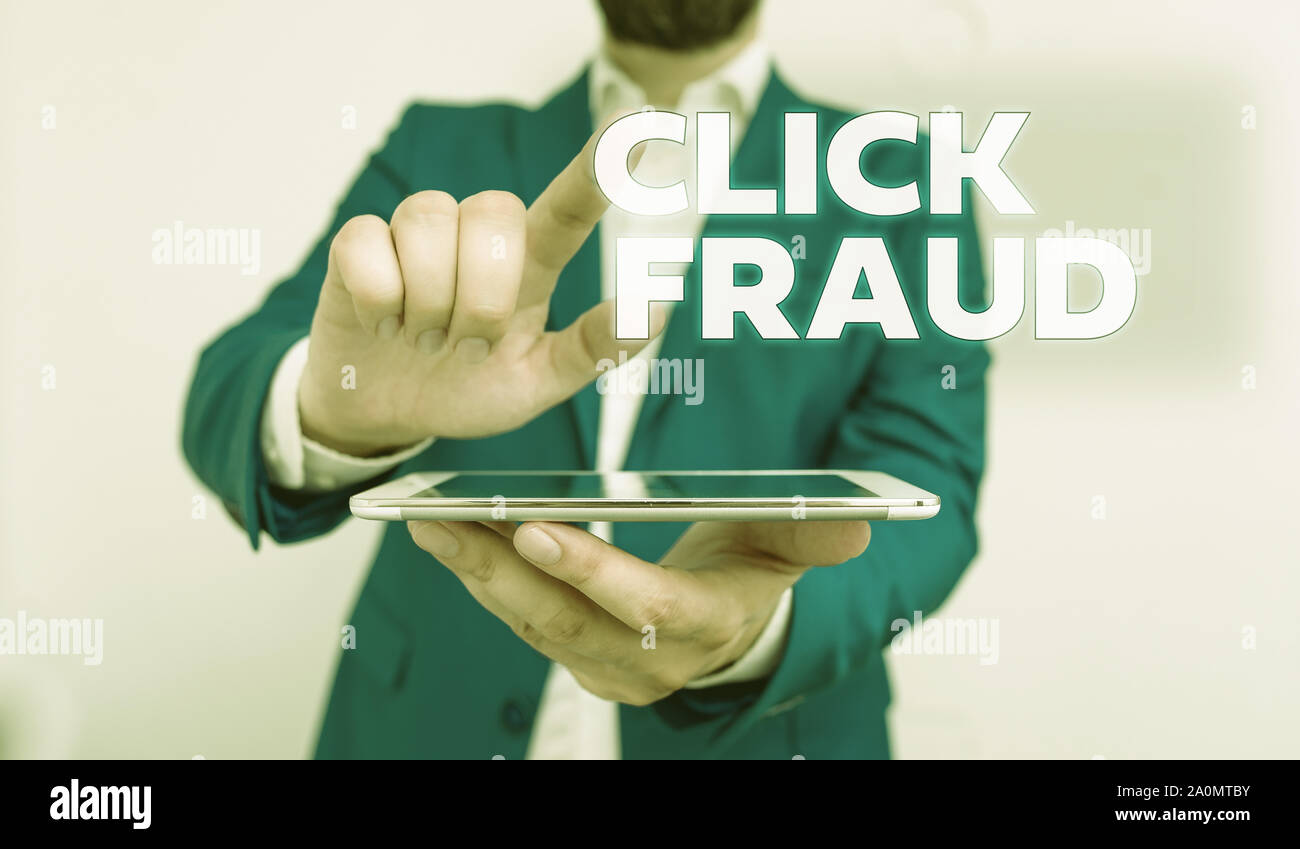 Word writing text Click Fraud. Business photo showcasing practice of repeatedly clicking on advertisement hosted website Businessman with pointing fin Stock Photo