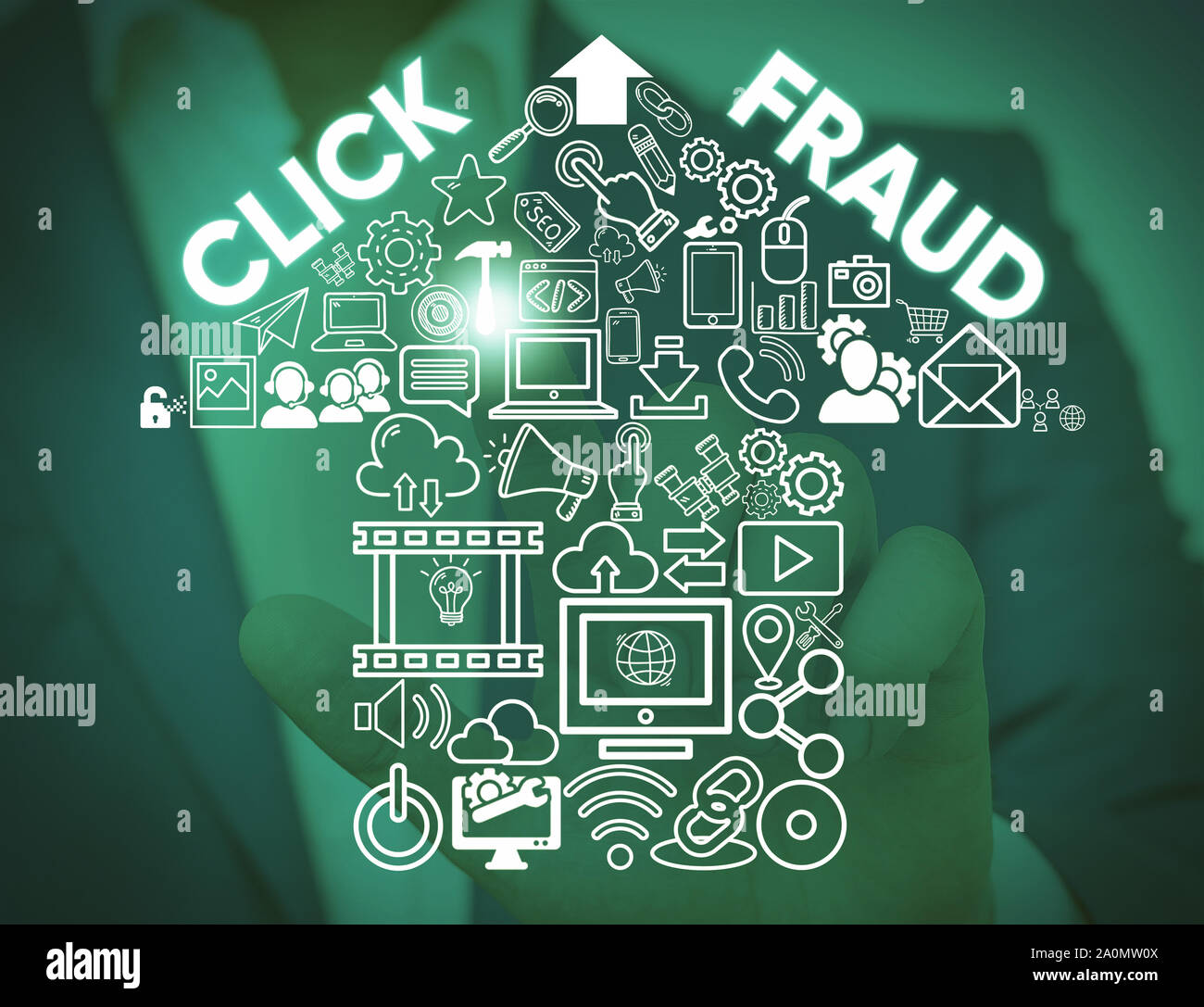 Writing note showing Click Fraud. Business concept for practice of repeatedly clicking on advertisement hosted website Male wear formal work suit pres Stock Photo
