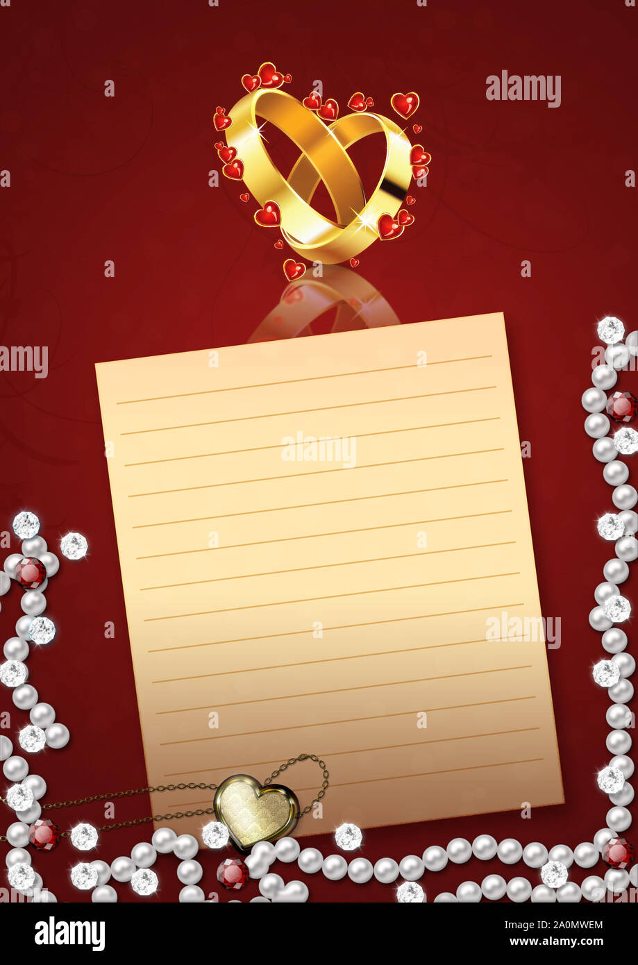 Paper Rings Background Two golden wedding rings, paper sheet and pearls on red background ...