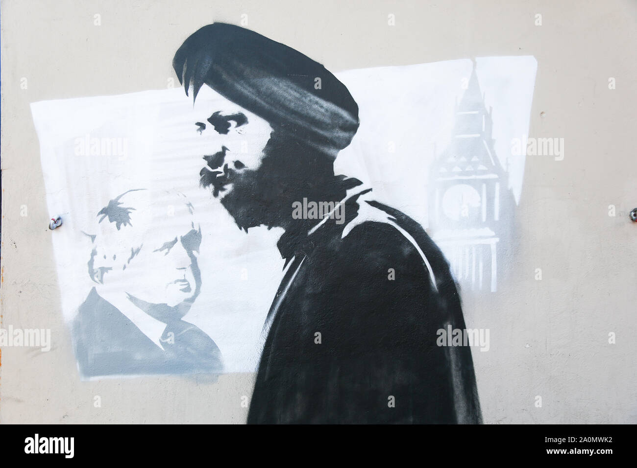 Tanmanjeet Singh Dhesi appears in a street graffiti mural, Soho Road, Handsworth, Birmingham, UK. The mural depicts the altercation Tan Dhesi had with PM Boris Johnson Sept 2019 in the House of Commons Stock Photo