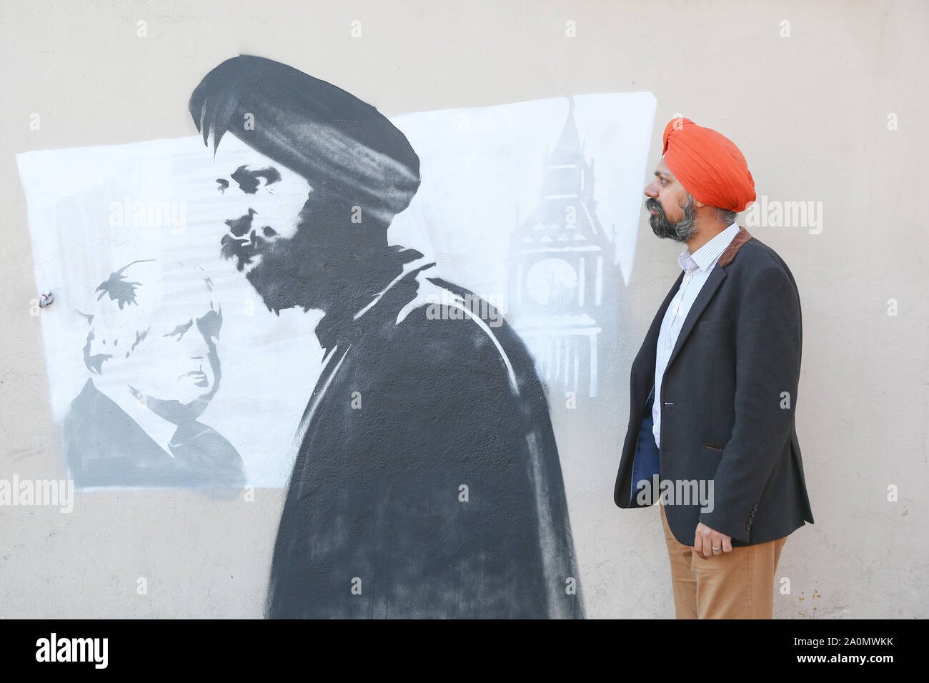 Tanmanjeet Singh Dhesi appears in a street graffiti mural, Soho Road, Handsworth, Birmingham, UK. The mural depicts the altercation Tan Dhesi had with PM Boris Johnson Sept 2019 in the House of Commons Stock Photo