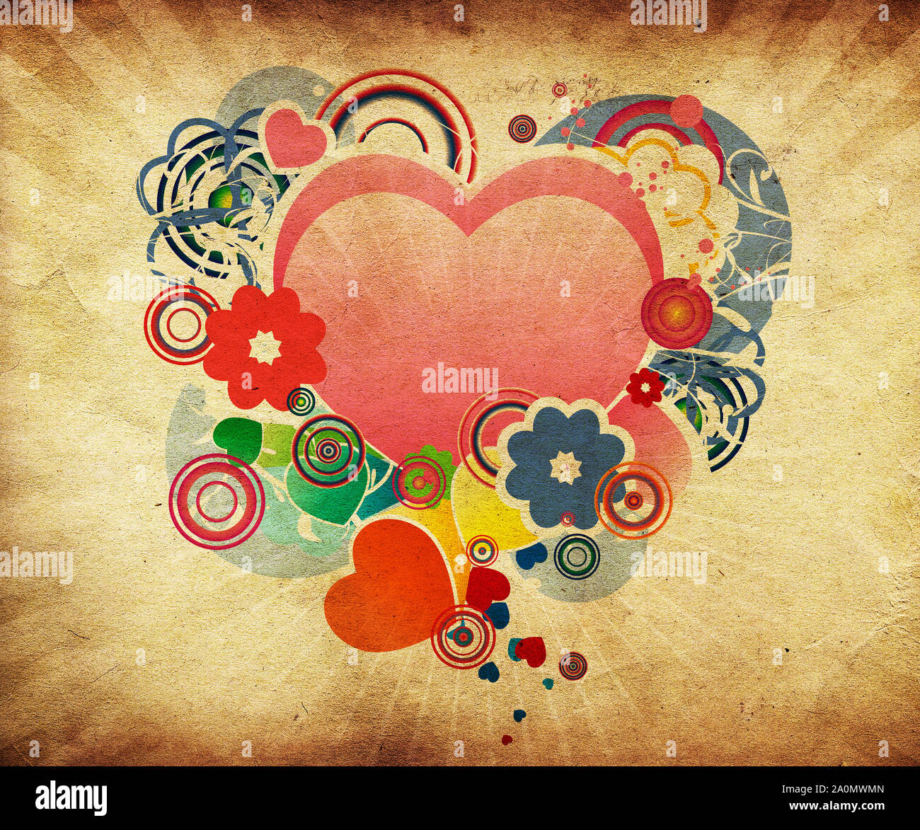 Illustration Of Festive Valentine Vintage Background With Hearts And Flowers On Paper Stock Photo Alamy