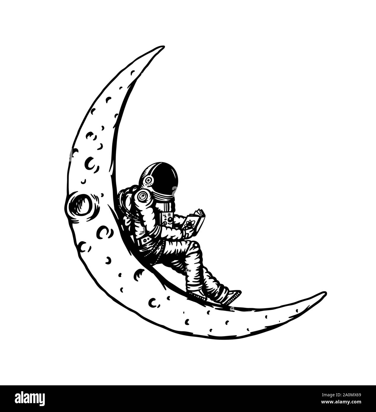 Soaring Spaceman in space. The astronaut on the moon. Man in the solar system. Engraved hand drawn Old sketch in vintage style. Stock Vector