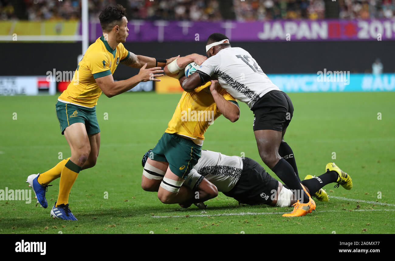 Fiji's Levani Botia tackled Australia's Michael Hooper high and is shown the yellow card during the 2019 Rugby World Cup Pool D match at Sapporo Dome. Stock Photo