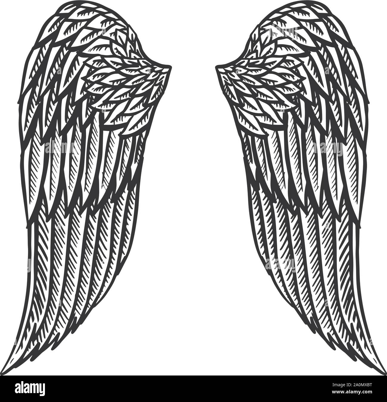 Angel wing in vintage style. Template for tattoo and emblems, t-shirts and logo. Emblem for stickers. Engraved sketch. Vector illustration. Stock Vector