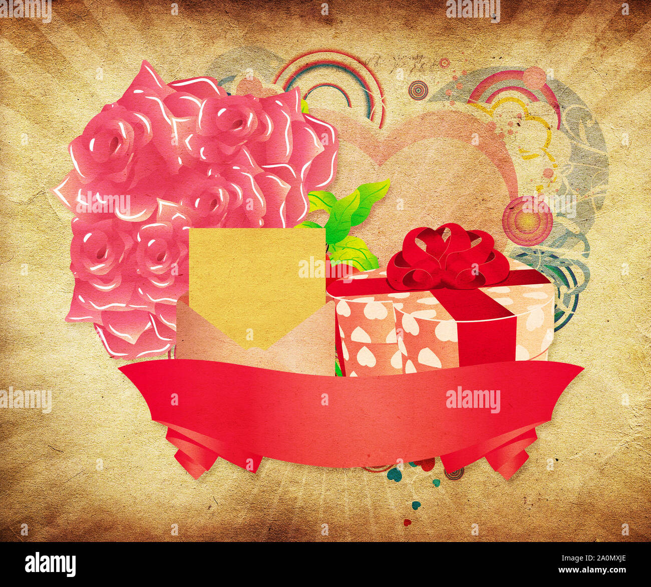 Illustration of vintage Valentines day card with roses and heart shaped ...