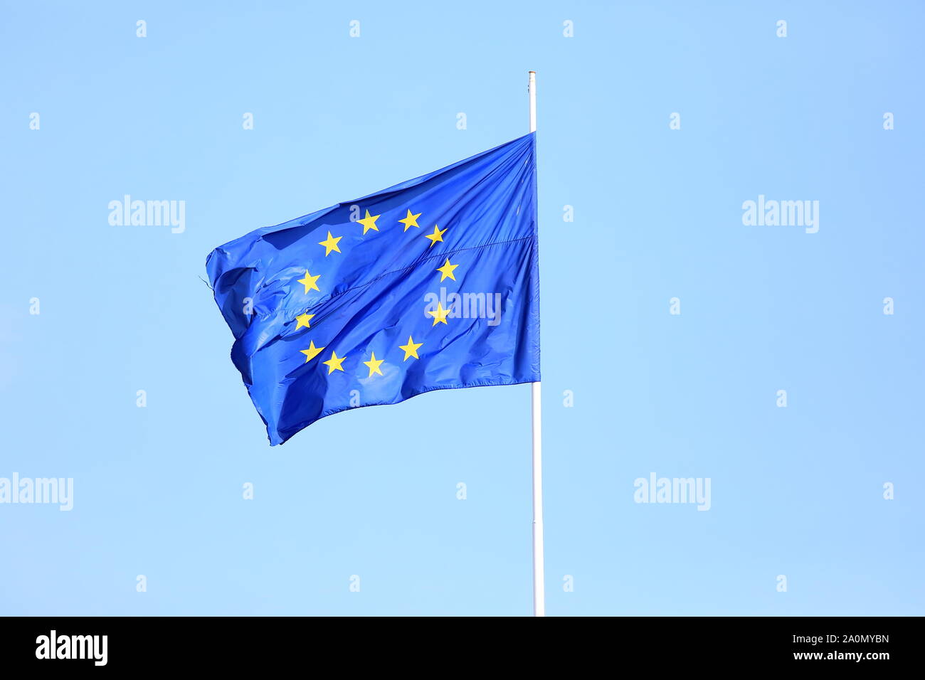 EU European Union flag in blue sky Stock Photo