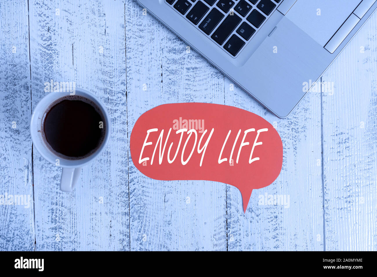 Word writing text Enjoy Life. Business photo showcasing Any thing, place,food or demonstrating, that makes you relax and happy Trendy metallic open la Stock Photo