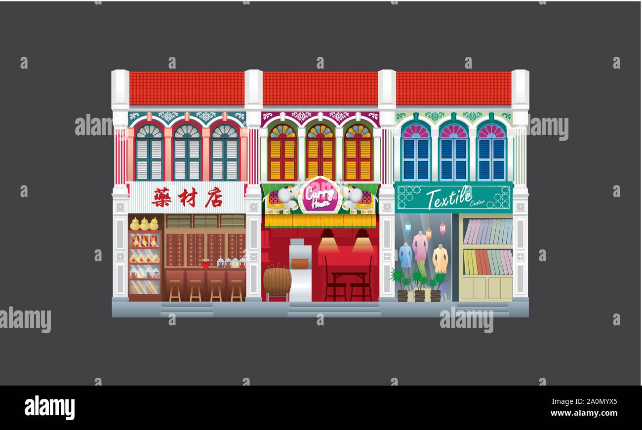 Colorful and historical colonial style double storey shophouse. Linked. Stock Vector