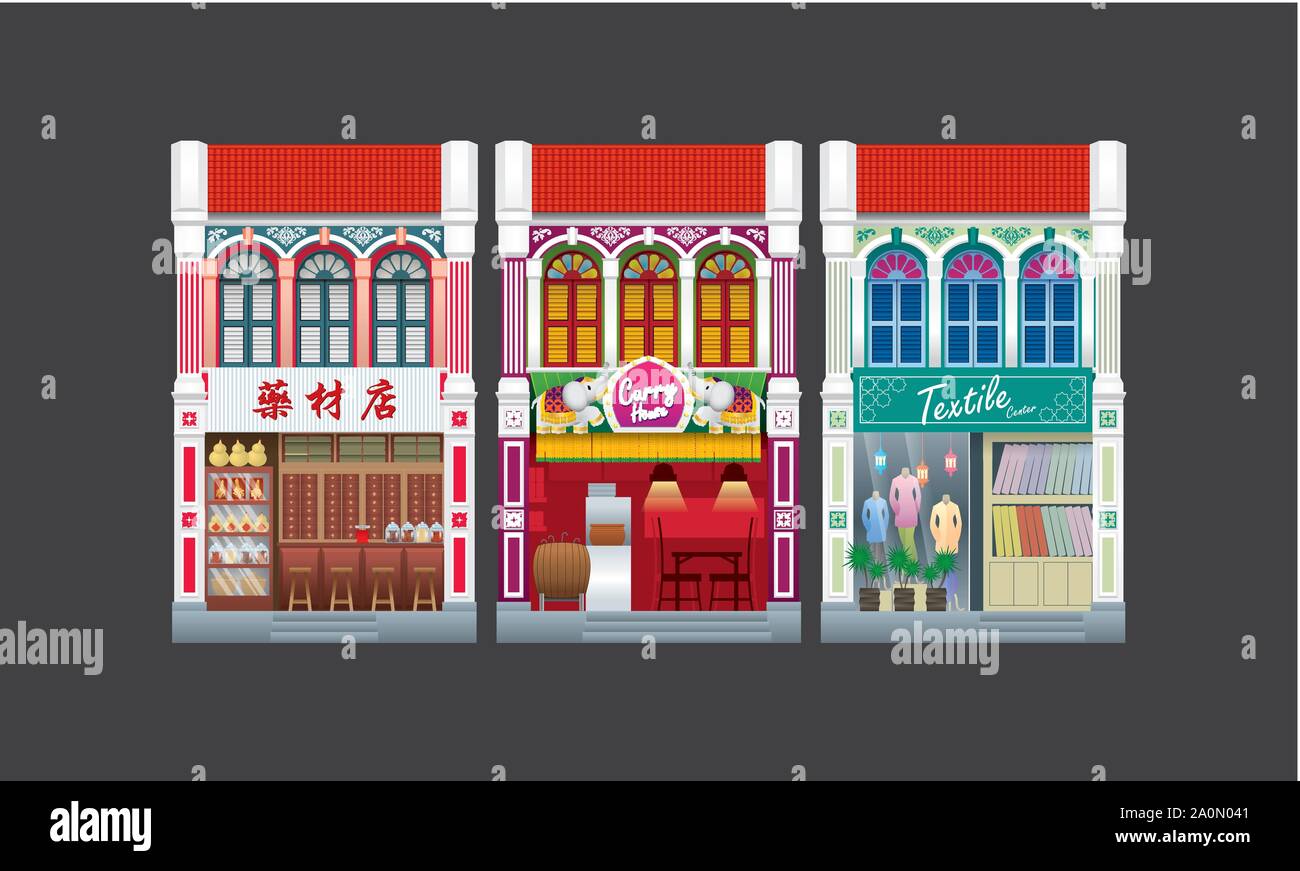 Colorful and historical colonial style double storey shophouse. Isolated. Stock Vector