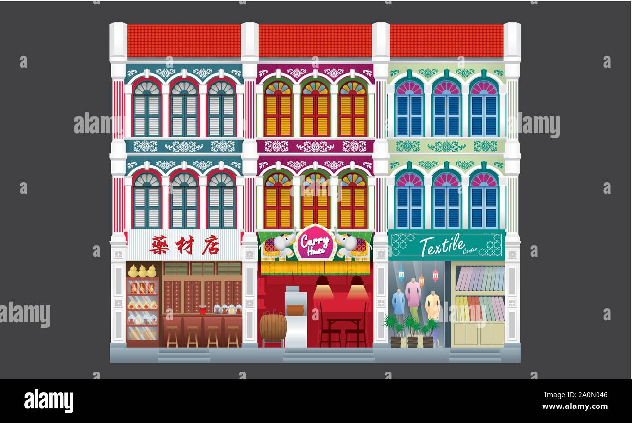 Colorful and historical colonial style three storey shophouse. Linked. Stock Vector
