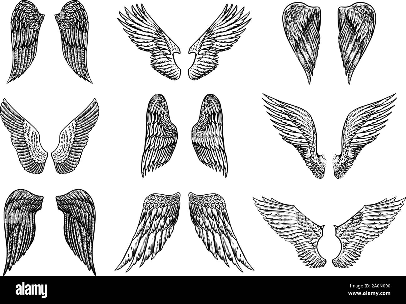 Set of Angel wings in vintage style. Template for tattoo and emblems, t-shirts and logo. Emblem for stickers. Engraved sketch. Vector illustration. Stock Vector