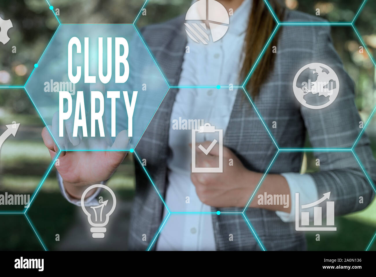 Conceptual hand writing showing Club Party. Concept meaning social gathering in a place that is informal and can have drinks Female human wear formal Stock Photo