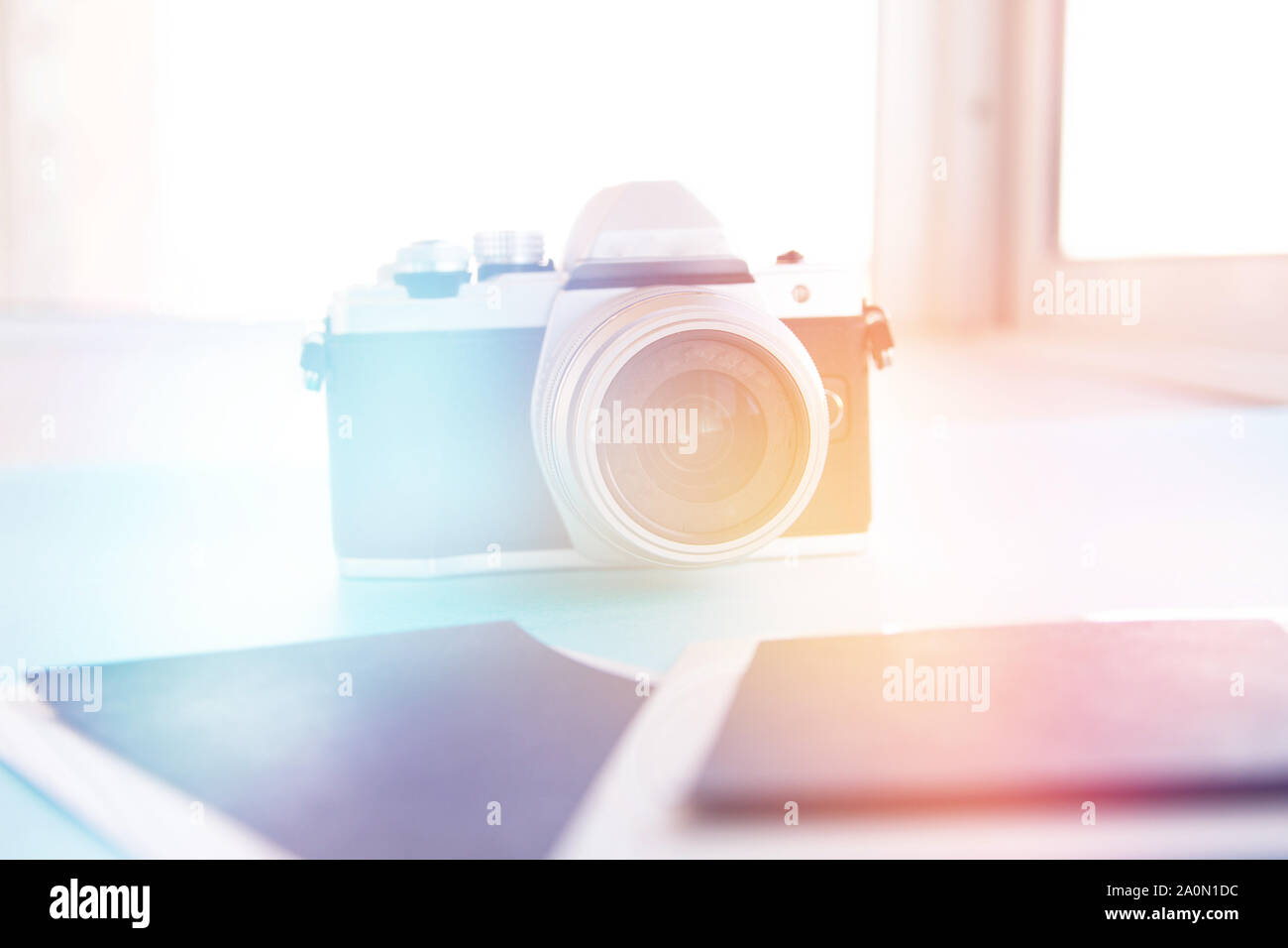 Photography With Camera, two template pictures modern tinted toned. Stock Photo