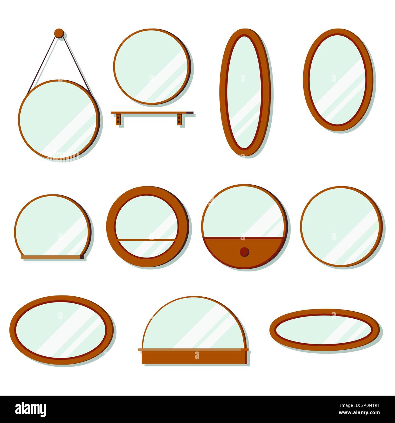 Vector wooden frames mirrors set of round shape. Stock Vector