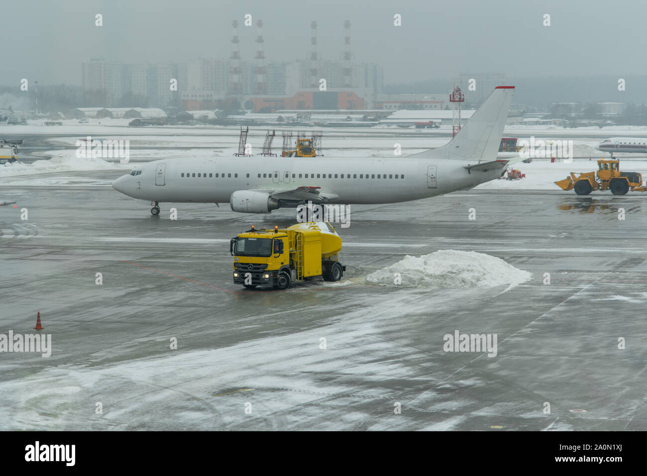 Airport under snowfall Stock Photo