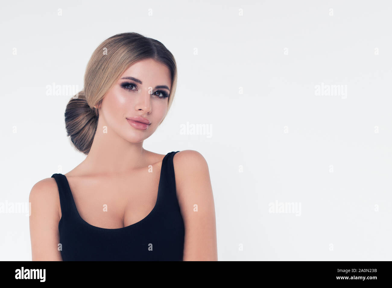 Portrait Of Beautiful Pretty Woman On White Banner Background