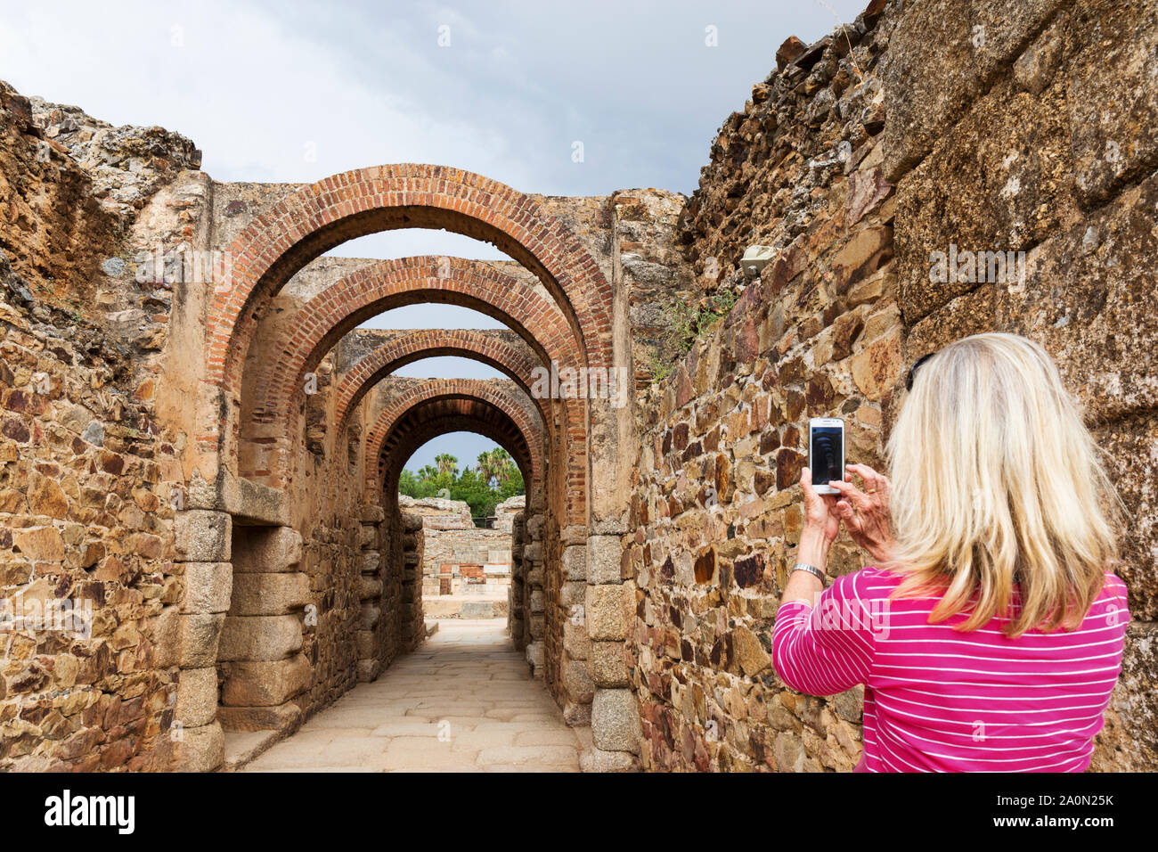 Entrance to the Roman amphitheatre, Merida,  Badajoz Province,  Extremadura, Spain.  The amphitheatre was inaugurated in 8 BC. Stock Photo