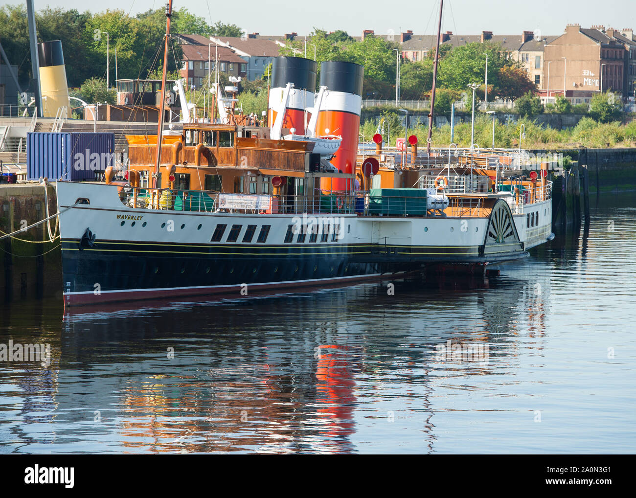 Glasgow, UK. 21 September 2019.  The last sea-going paddle steamer in the world will receive £1 million of Scottish Government funding to help it sail again, Culture Secretary Fiona Hyslop has announced.  The Waverley Paddle Steamer has been in operation for over 70 years, transporting millions of passengers to a variety of locations throughout the UK but is currently out-of-service and urgently requires new boilers.  Credit: Colin Fisher/Alamy Live News Stock Photo