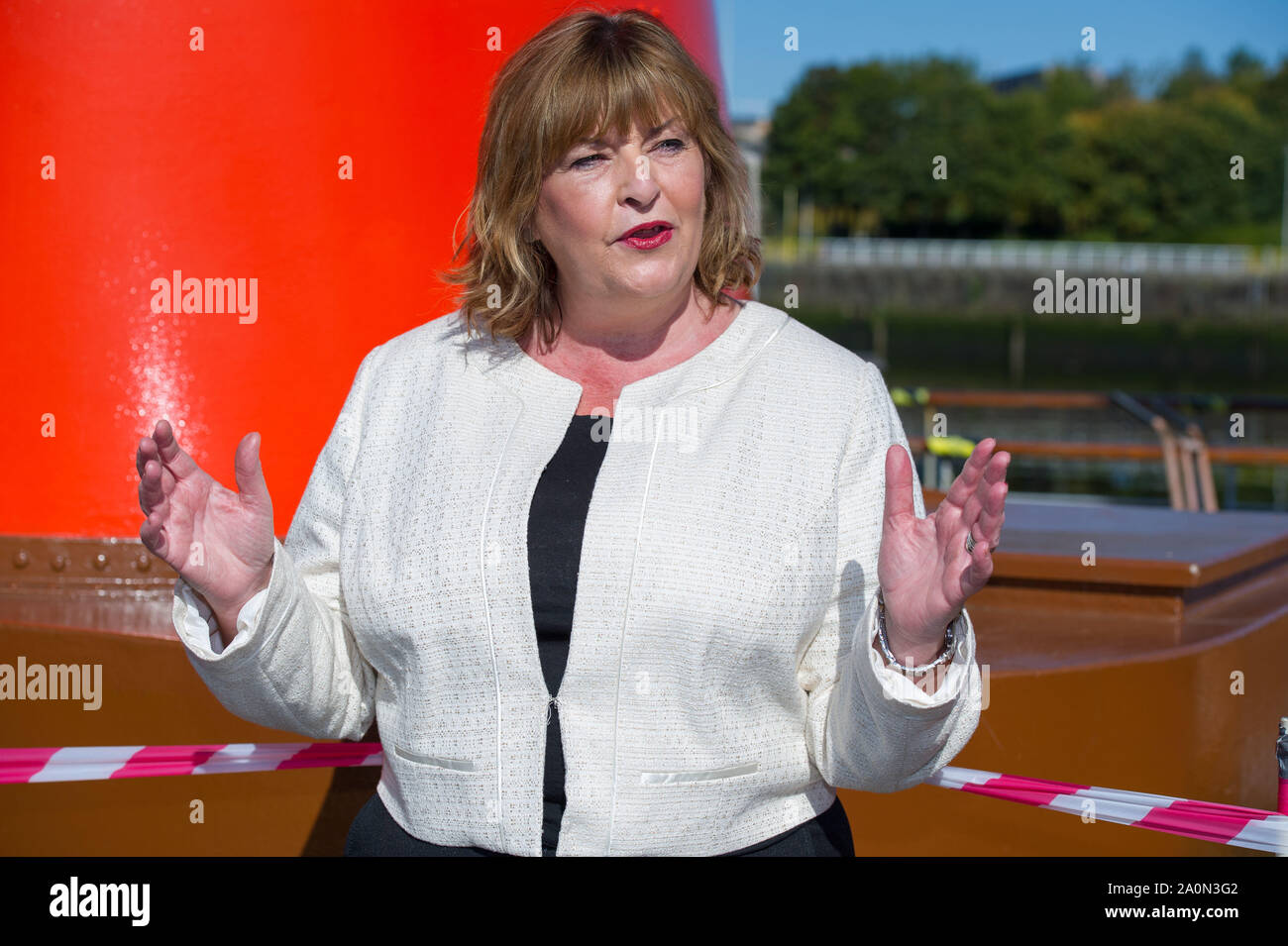 Glasgow, UK. 21 September 2019. PICTURED: Fiona Hyslop MSP - Cabinet Secretary for Culture. The last sea-going paddle steamer in the world will receive £1 million of Scottish Government funding to help it sail again, Culture Secretary Fiona Hyslop has announced.  Ms Hyslop said: “The Waverley has delighted generations of locals and visitors throughout its 70-year history and I am pleased to be able to announce this significant financial commitment to help the historic paddle steamer set sail once again. Credit: Colin Fisher/Alamy Live News Stock Photo