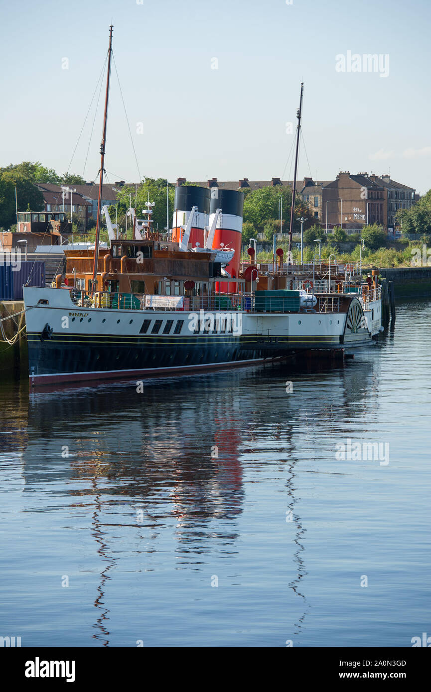 Glasgow, UK. 21 September 2019.  The last sea-going paddle steamer in the world will receive £1 million of Scottish Government funding to help it sail again, Culture Secretary Fiona Hyslop has announced.  The Waverley Paddle Steamer has been in operation for over 70 years, transporting millions of passengers to a variety of locations throughout the UK but is currently out-of-service and urgently requires new boilers.  Credit: Colin Fisher/Alamy Live News. Stock Photo