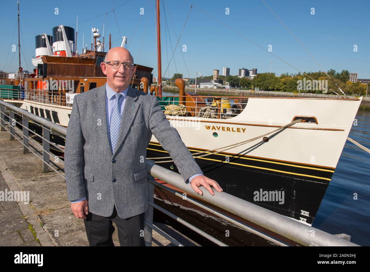 Glasgow, UK. 21 September 2019. PICTURED: Dr Cameron Marshall - Chairman of Waverley Excursions & Director for Waverley Steam Navigation Co.  The last sea-going paddle steamer in the world will receive £1 million of Scottish Government funding to help it sail again, Culture Secretary Fiona Hyslop has announced.  The Waverley Paddle Steamer has been in operation for over 70 years, transporting millions of passengers to a variety of locations throughout the UK but is currently out-of-service and urgently requires new boilers.  Credit: Colin Fisher/Alamy Live News. Stock Photo