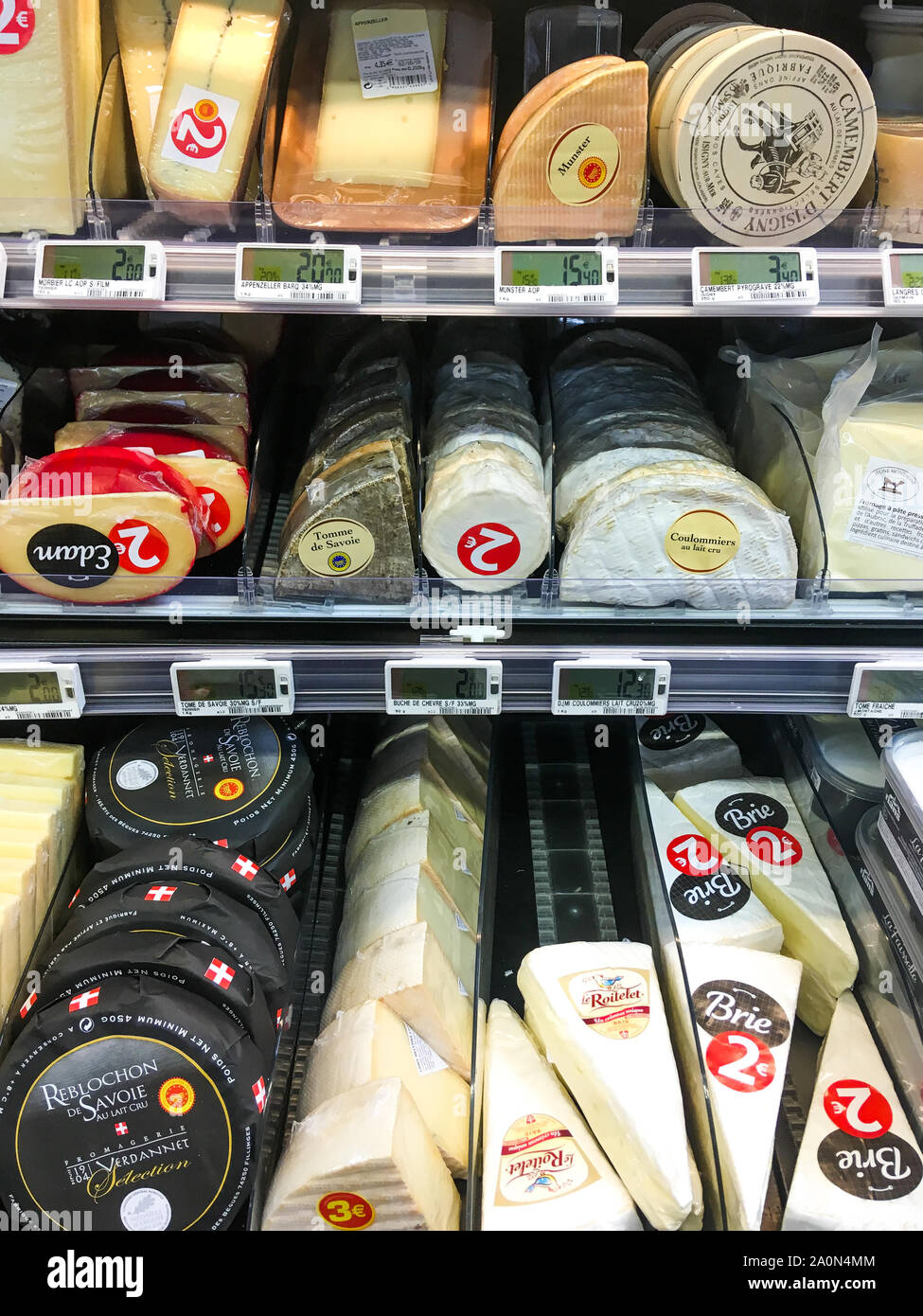 Cheese display, Supermarket, Lyon, France Stock Photo