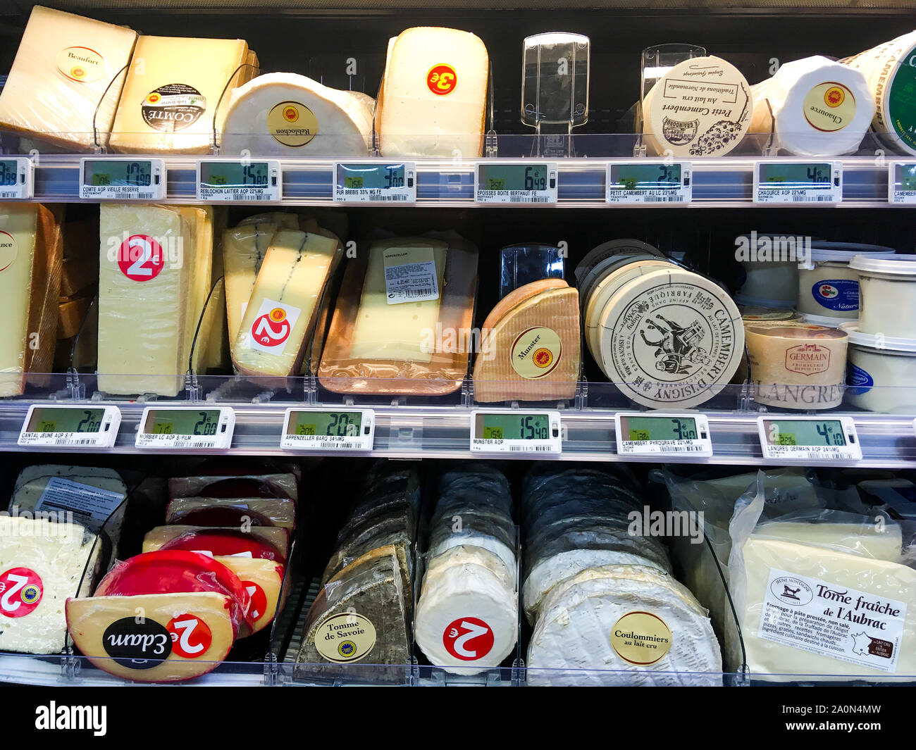 Cheese display, Supermarket, Lyon, France Stock Photo