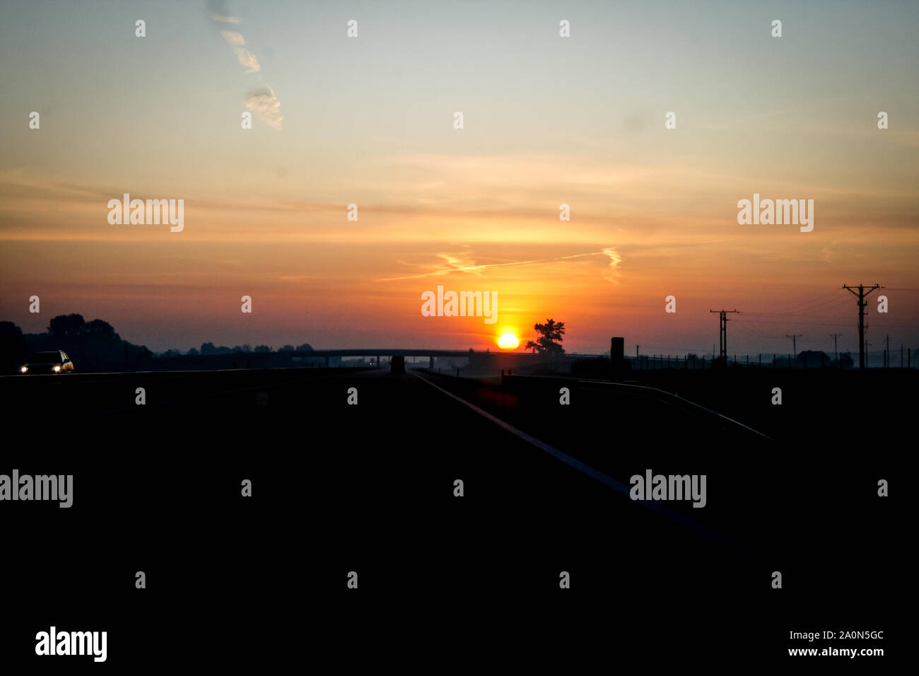 Sunrise on the highway, Poland Stock Photo