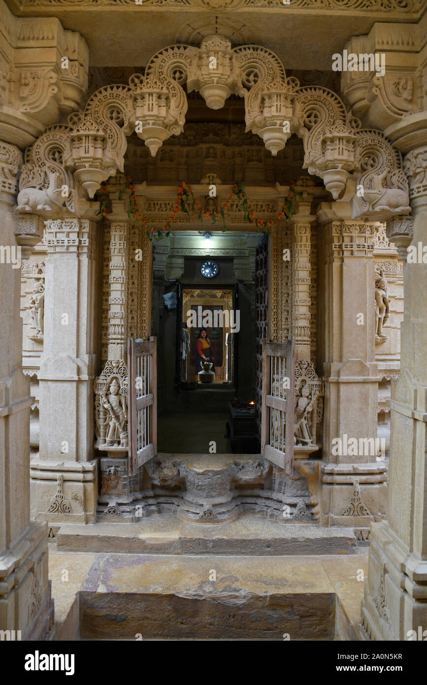 JAISALMER, RAJASTHAN, INDIA, November 2018, Devotee at Shri Mahaveer Jain temple inside Golden Fort Stock Photo