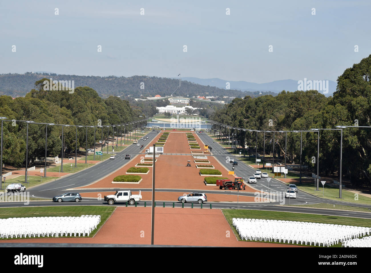 View of Capital Hill and Anzac Parade from Australian War Memorial, Campbell, Australia Stock Photo