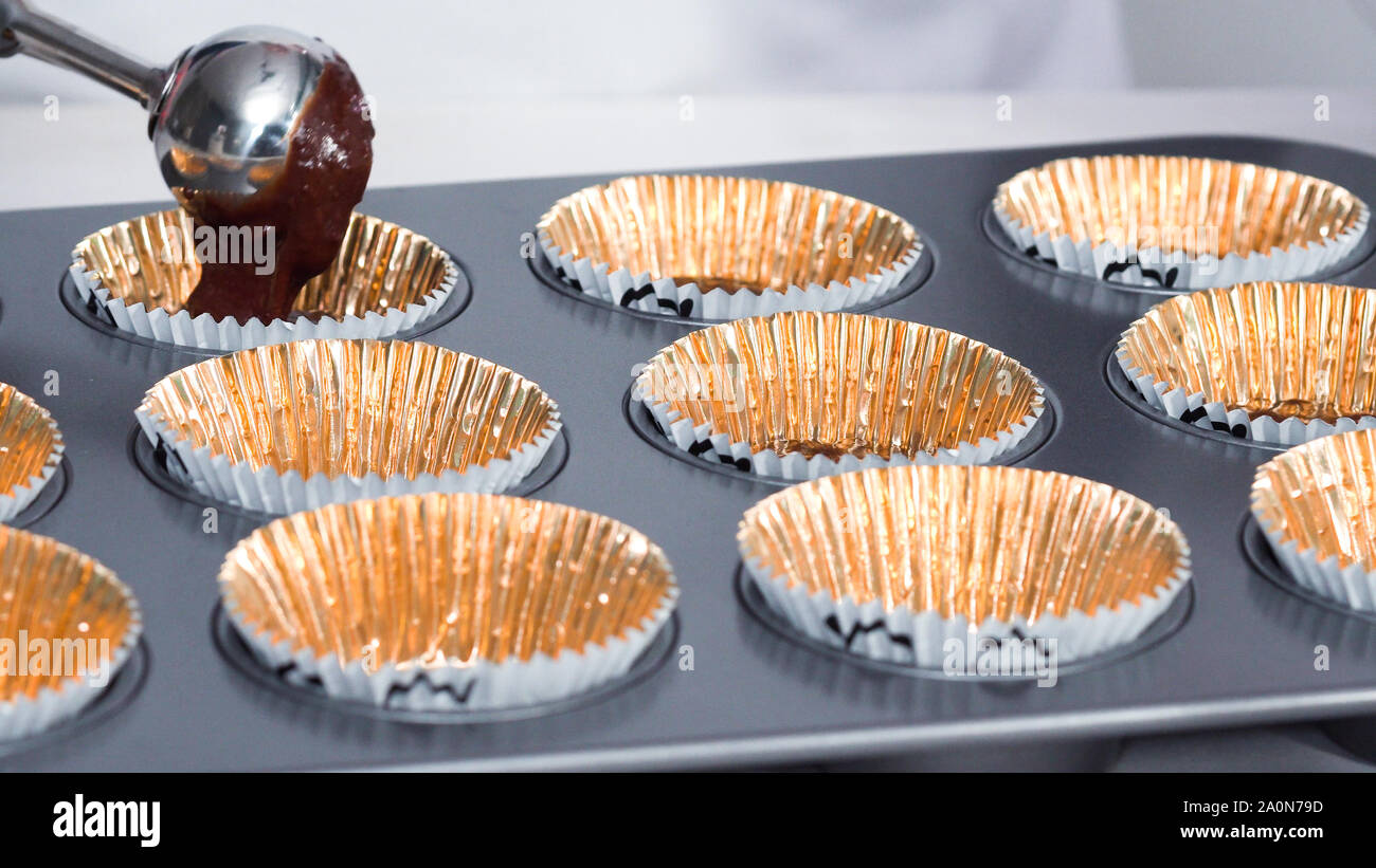 Step by step. Scooping batter with a cupcake scoop to make unicorn