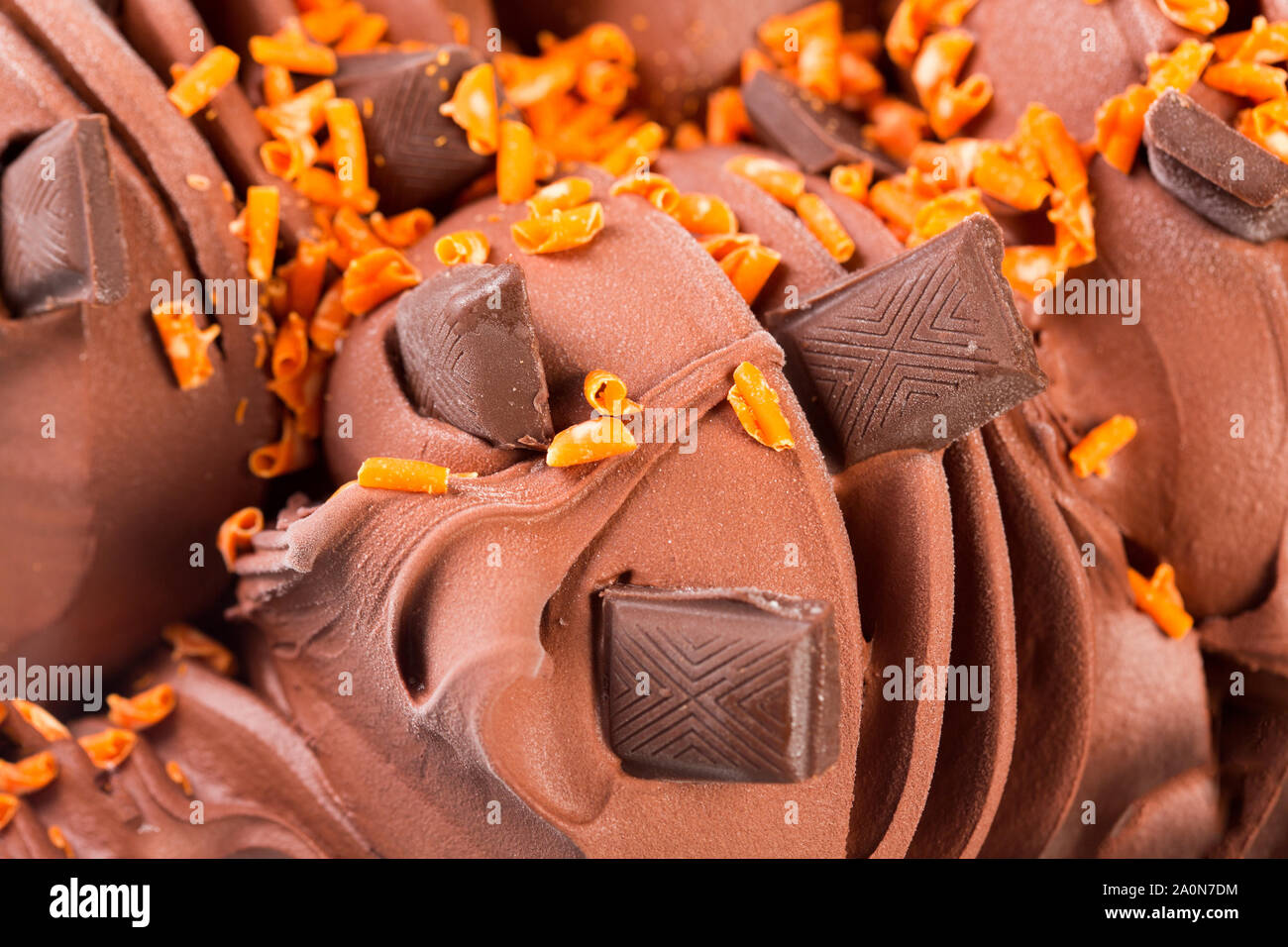 Delicious ice cream texture. Chocolate ice cream, italian gelato garnished with chocolate Stock