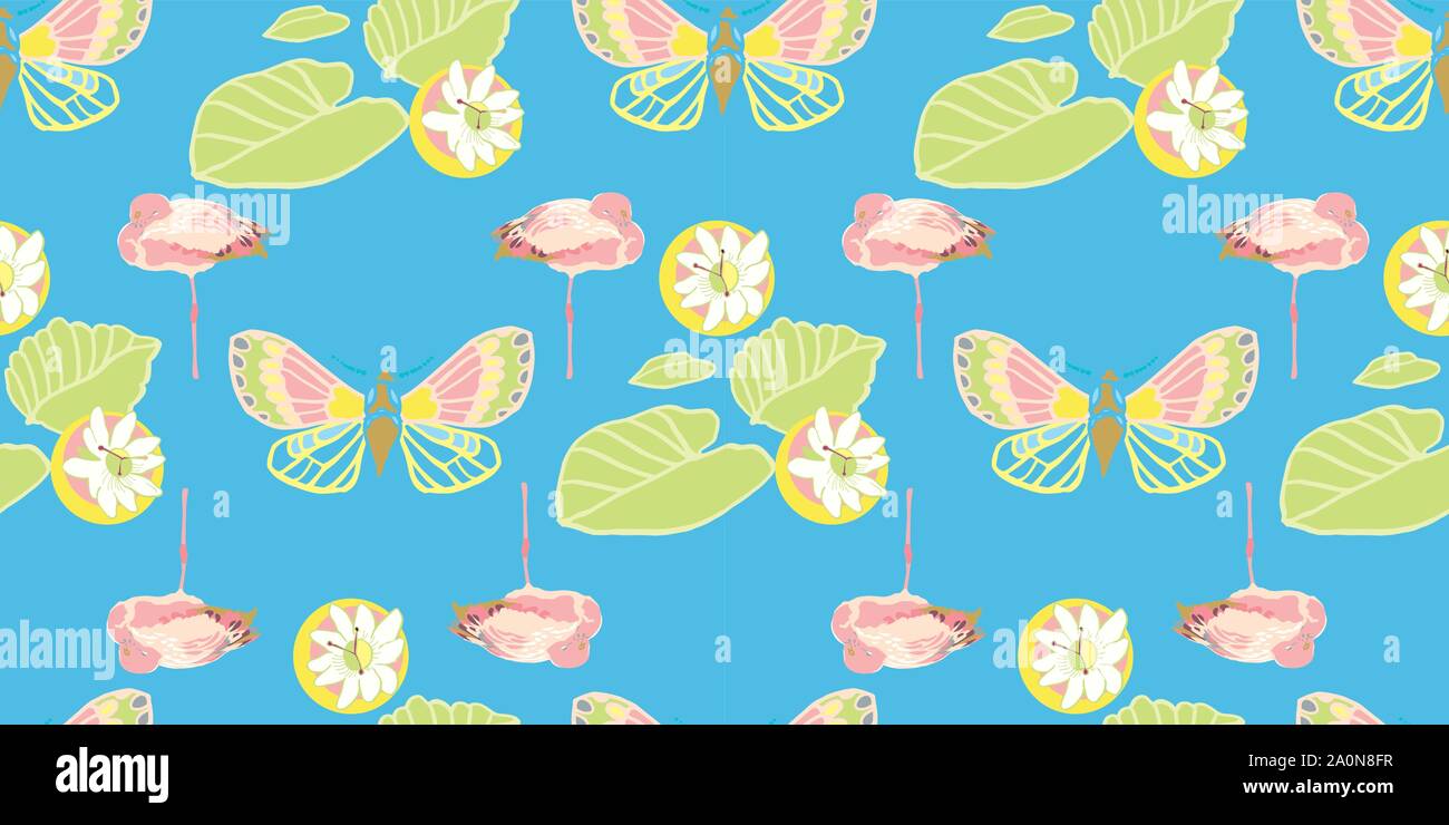 Colorful exotic jungle flamingo geometric seamless summer pattern. Boanical leaf and flamingo bird in pastel green and pink tones. For fashion, fabric, wallpaper, packaging design, stationary. Stock Vector