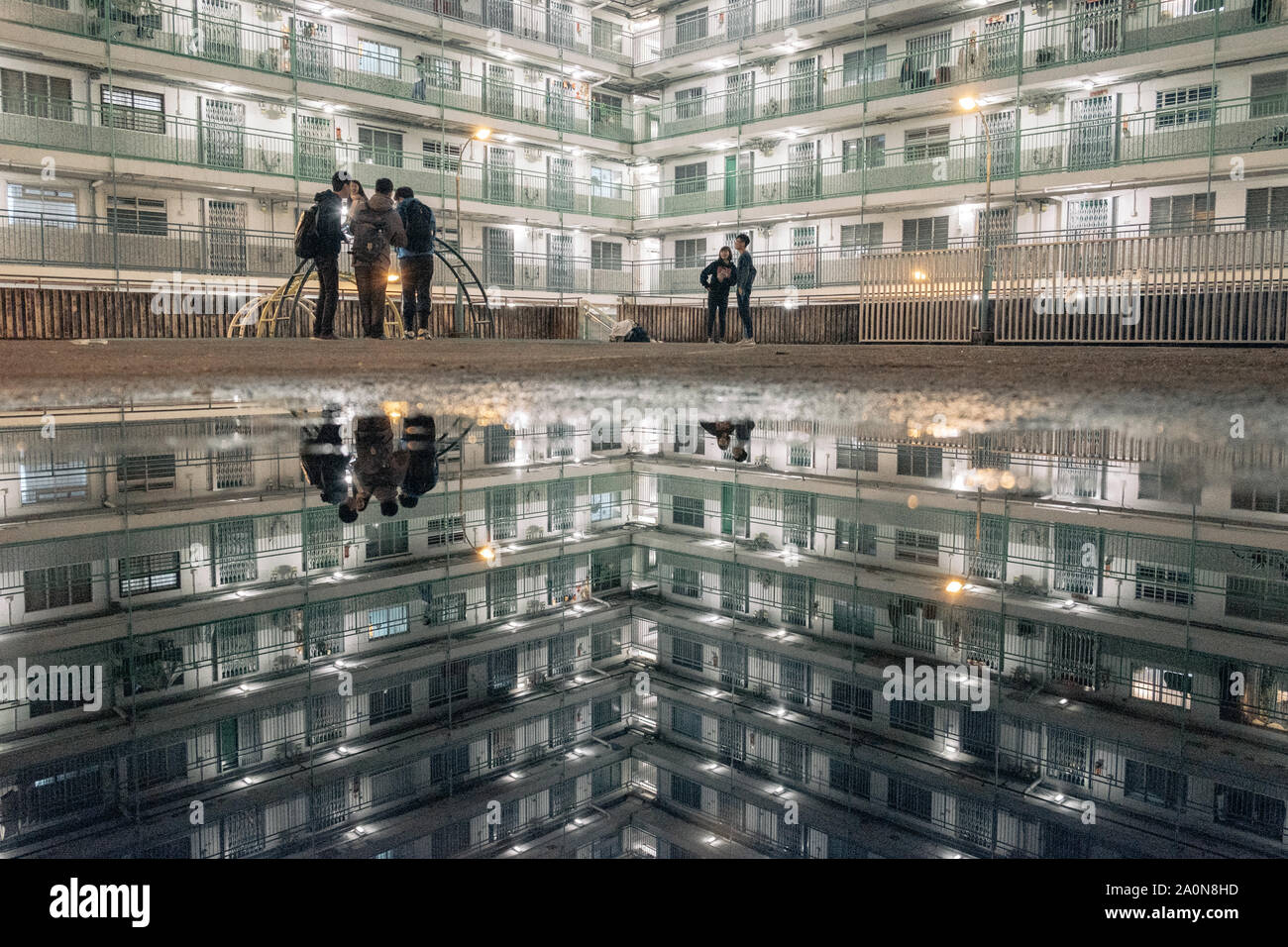 Reflection of living house in Hong Kong after rain Stock Photo