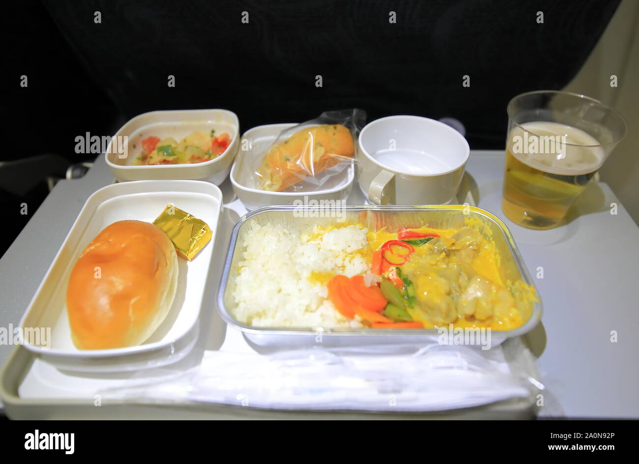 Economy class meal and  beer drink Stock Photo