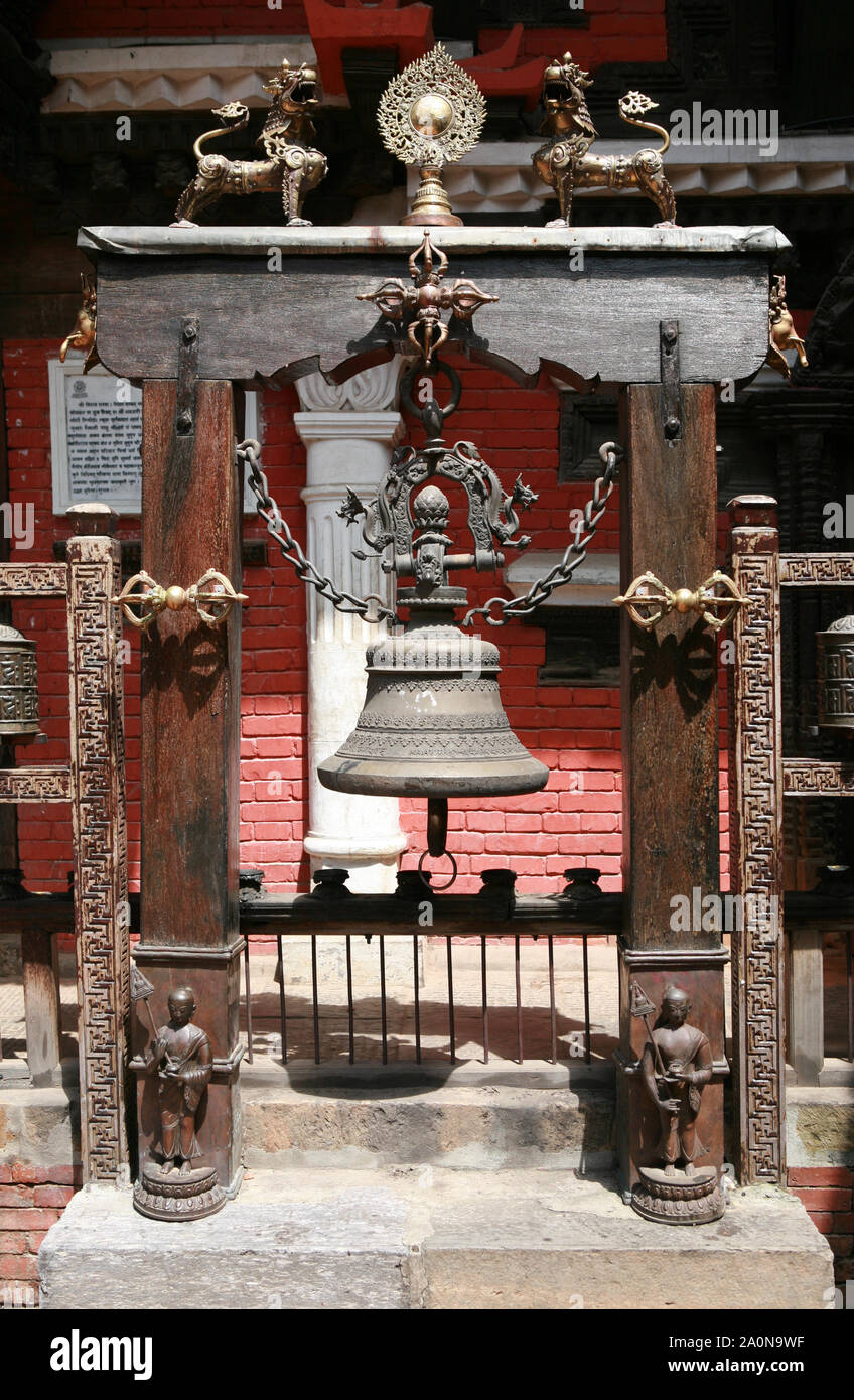 KATHMANDU, NEPAL. 23 September 2008:  Buddhist bell at the ancient temple, Kathmandu Valley, Nepal Stock Photo