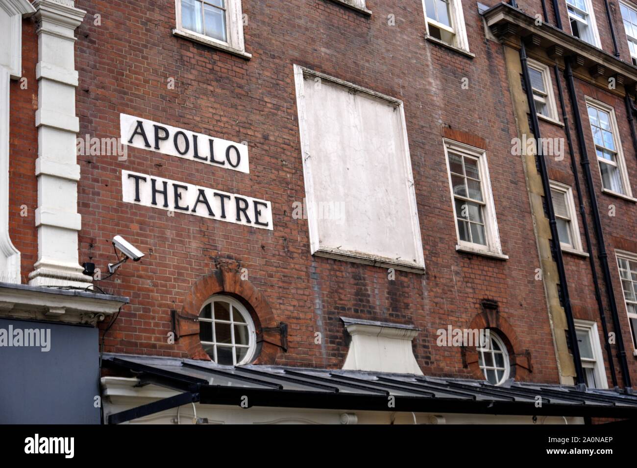 London, United Kingdom - September 7, 2019: Facade of Apollo theatre in Shaftesbury Avenue showing name signage Stock Photo