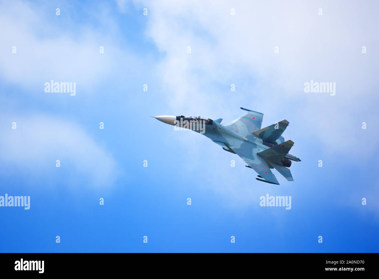 Novosibirsk, Russia, July 31, 2016, Mochishche airfield, local air show, Aerobatic team VKS 'Russian Falcons' Su-30 SM, russian fighter aircraft Stock Photo