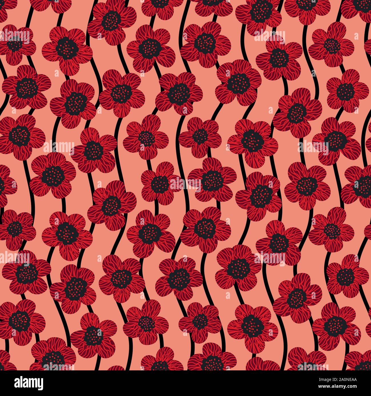 seamless vector pattern with stripes and red anemon flowers Stock Vector
