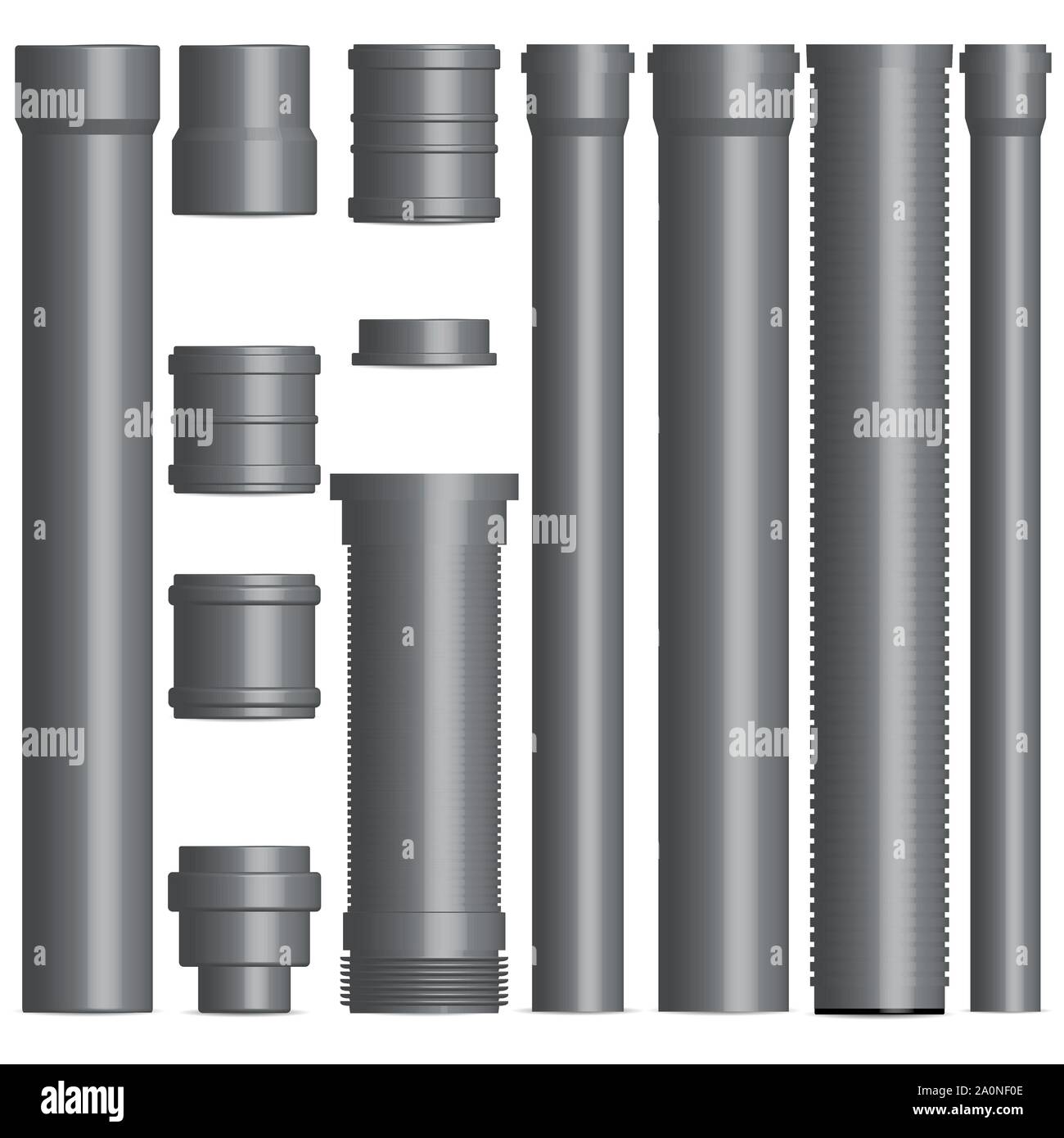Set of various plastic pipes for sewage, water pipe and connecting flanges isolated on a white background. Front view, vector illustration. Stock Vector